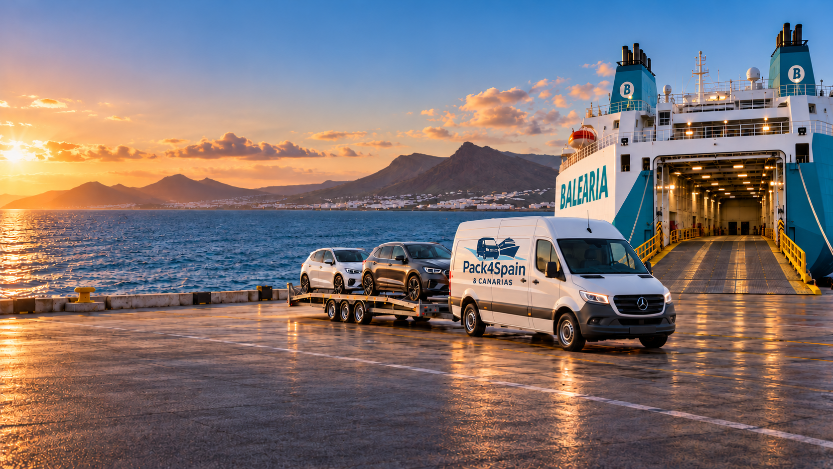 Mercedes Sprinter z logotypem Pack4Spain, trzyosiową lawetą i dwoma samochodami przy promie Baleària